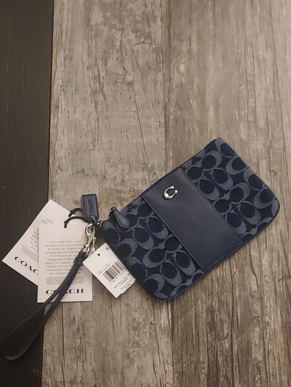 Coach Navy Denim Signature C Wristlet with Leather Trim